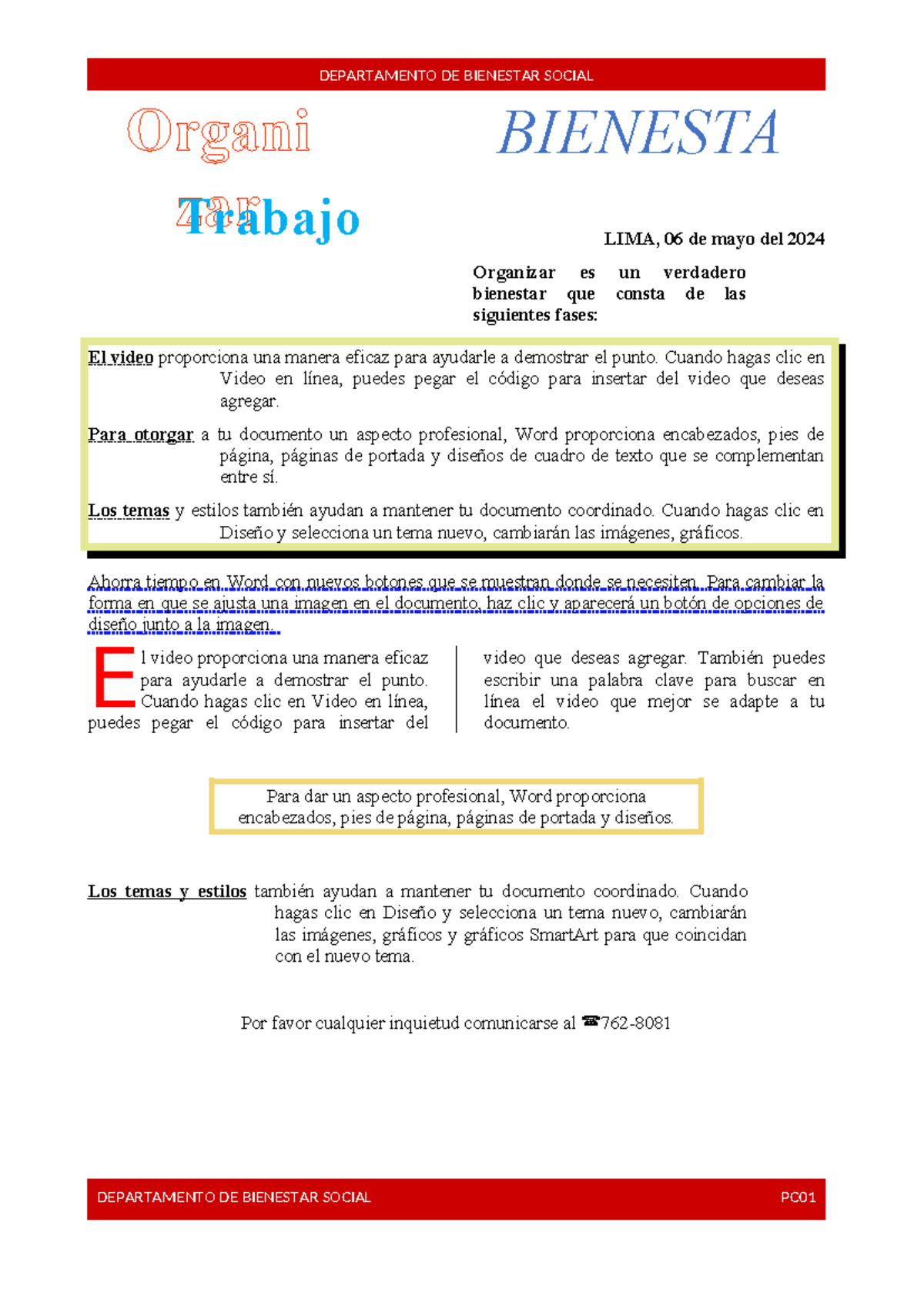 DEPARTAMENTO DE BIENESTAR SOCIAL - LIMA, 06 De Mayo Del 2024 Organizar ...