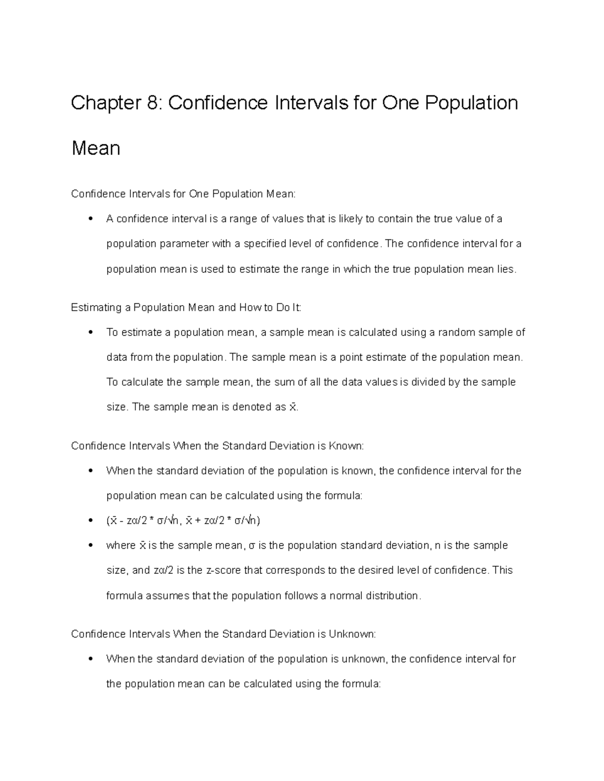 MA-150 Statistics I, Chapter 8 Notes - Chapter 8: Confidence Intervals ...