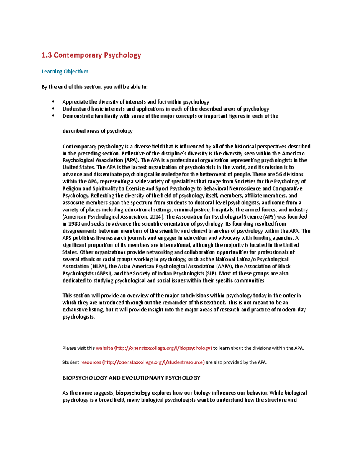 Contemporary Psychology - 1 Contemporary Psychology Learning Objectives ...