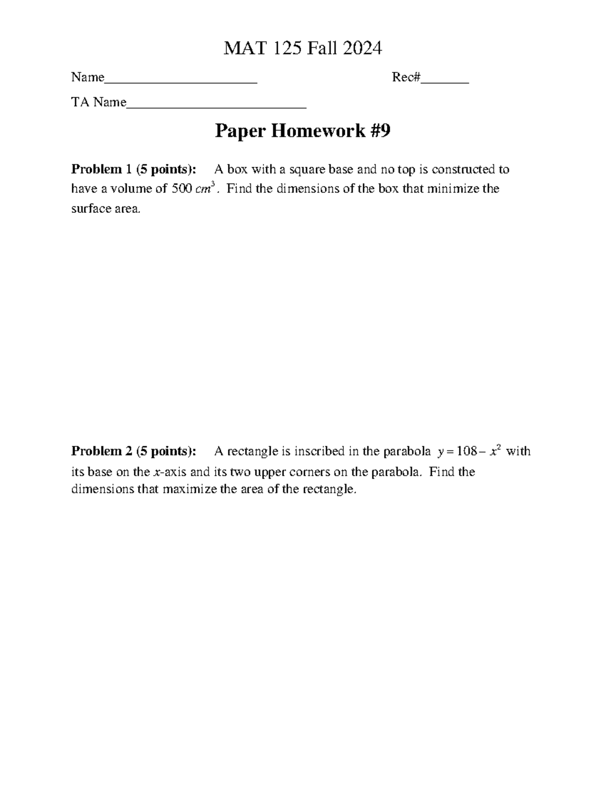 Paper Homework #9 for MAT 125 Fall 2024 - MAT 125 - MAT 125 Fall 2024 ...