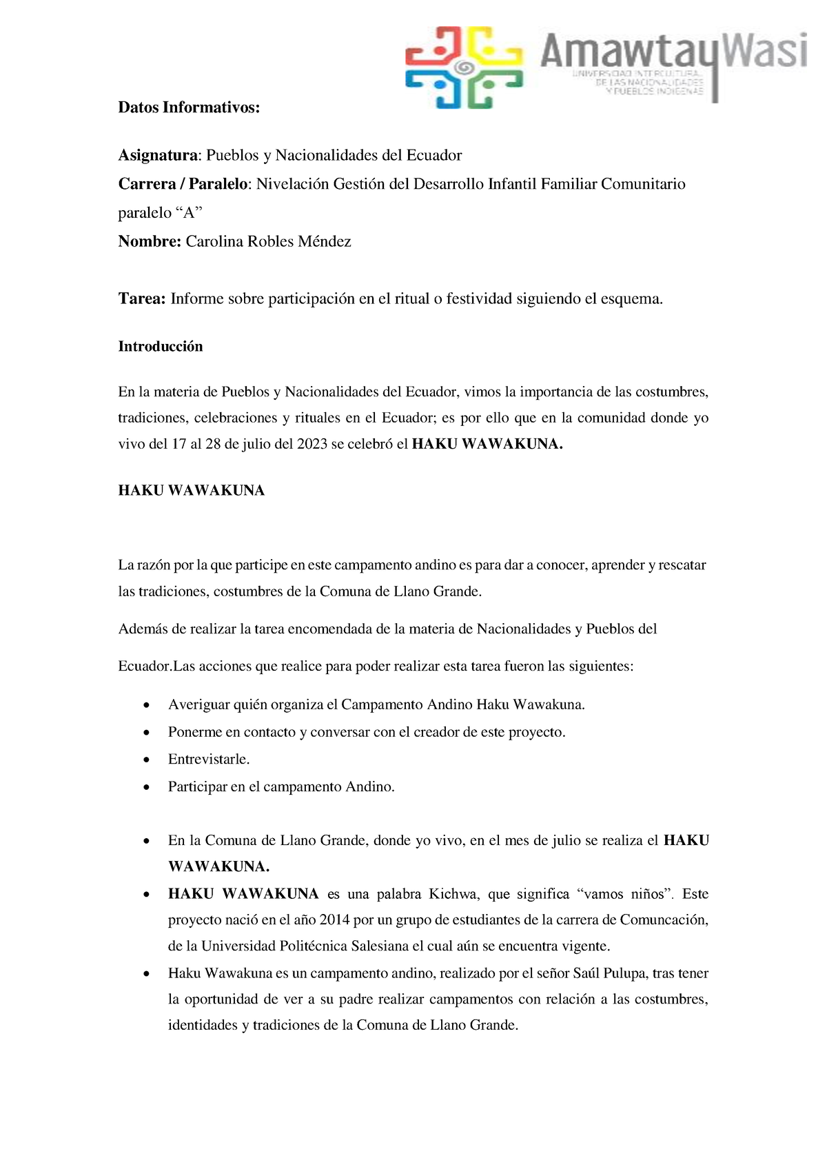 Informe Haku Wawakuna La Importancia De Las Costumbres Y Tradiciones