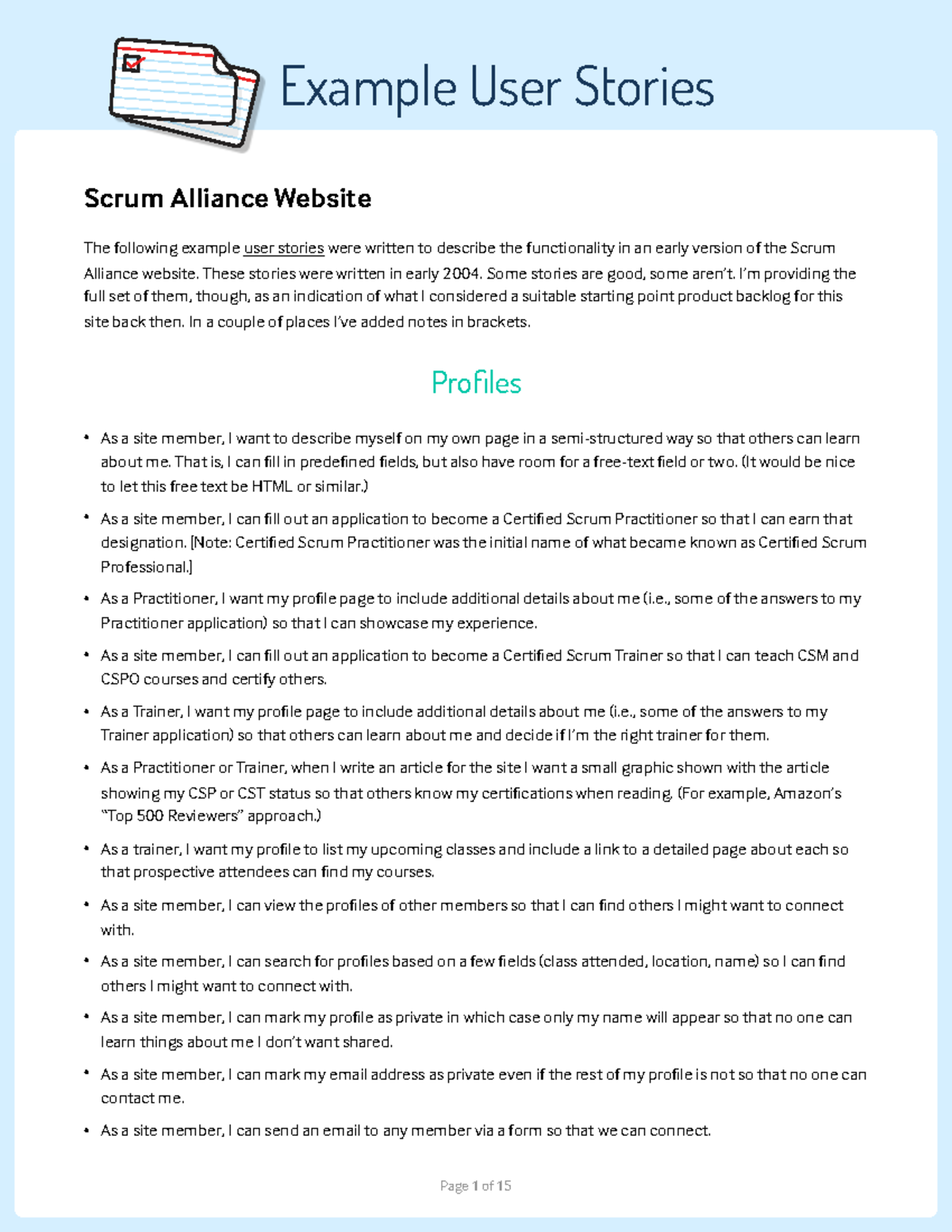 Example-user-stories - Scrum Alliance Website The following example ...