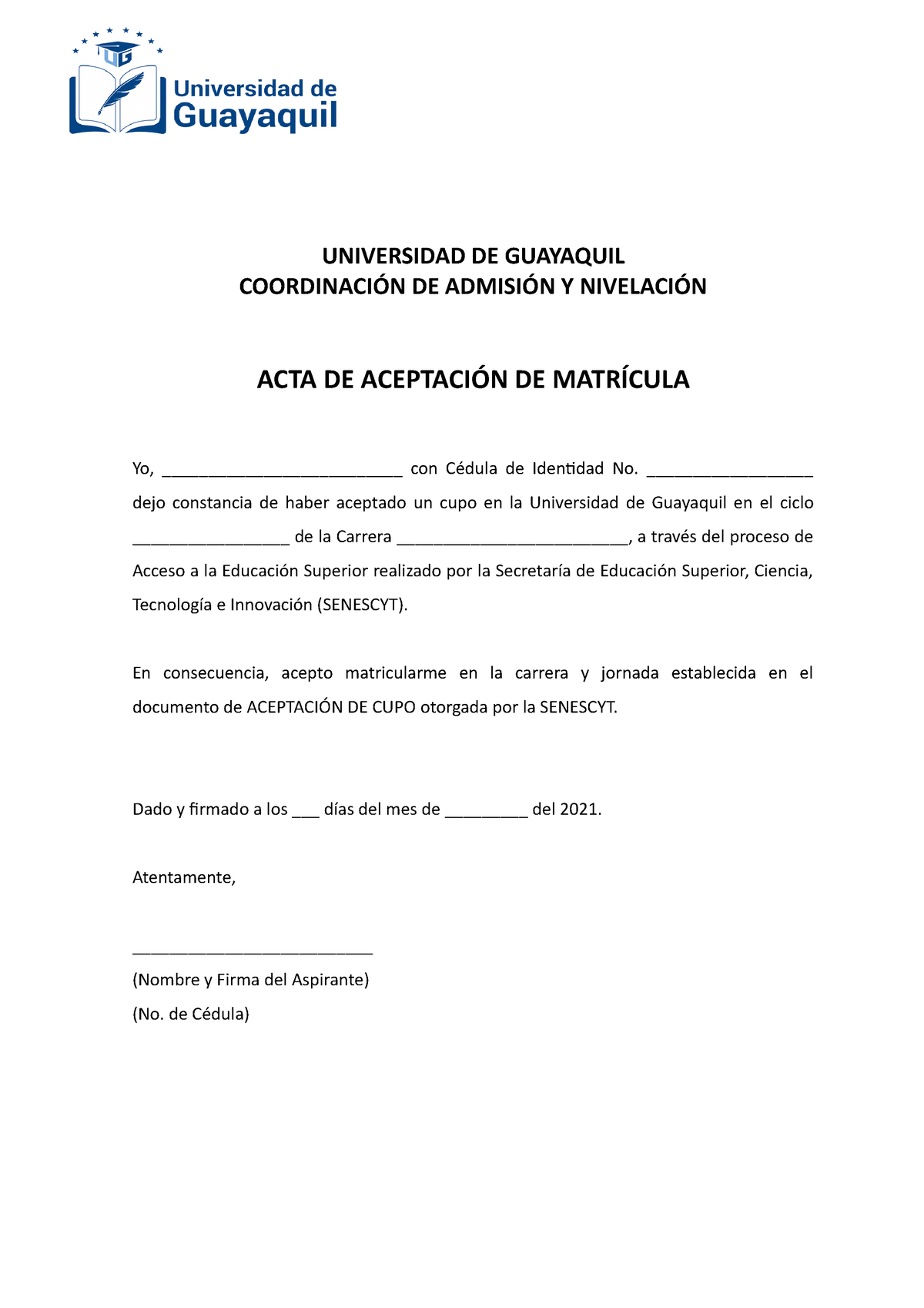 Acta De Aceptación De Matrícula Universidad De Guayaquil CoordinaciÓn