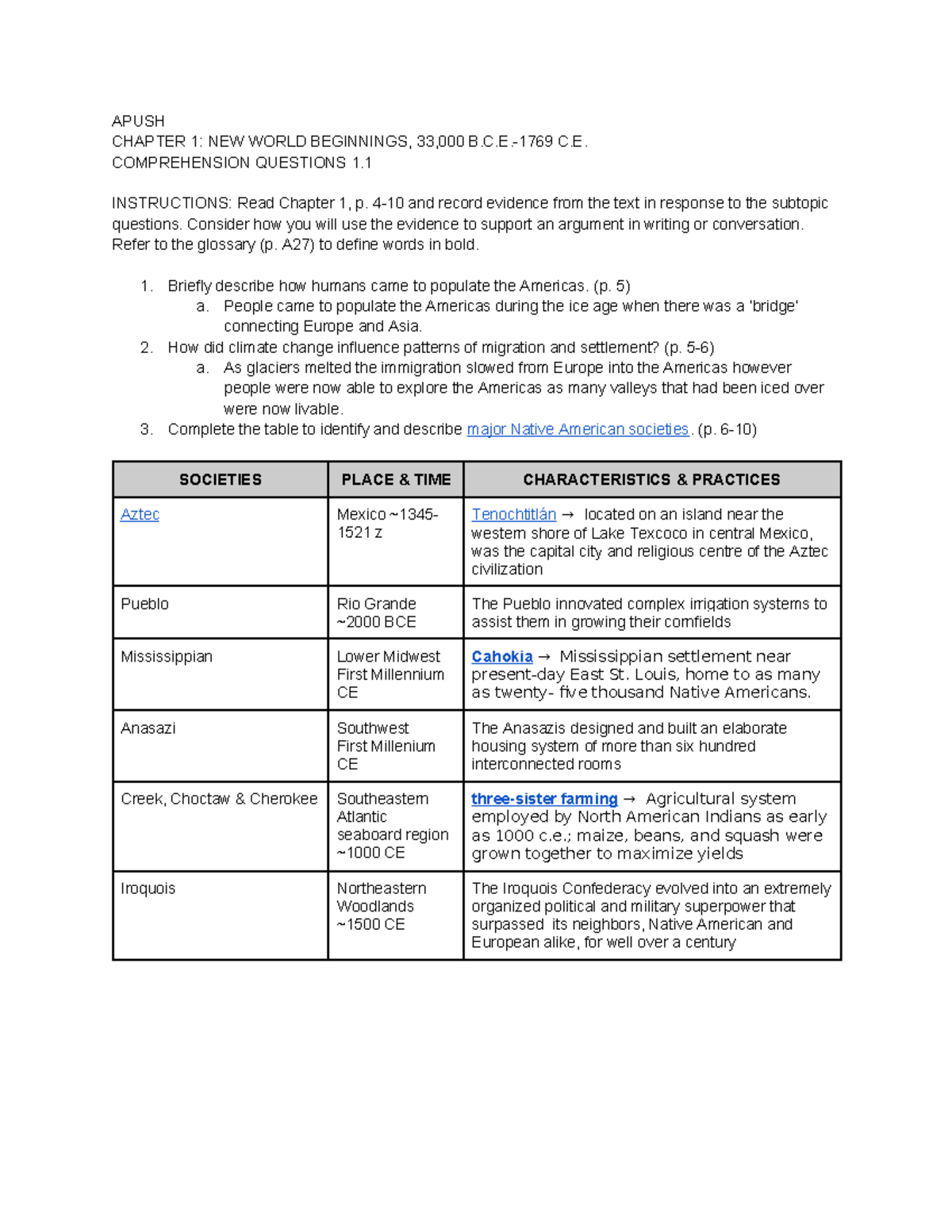 Copy of Apush - Comprehension Questions 1 - APUSH CHAPTER 1: NEW WORLD ...