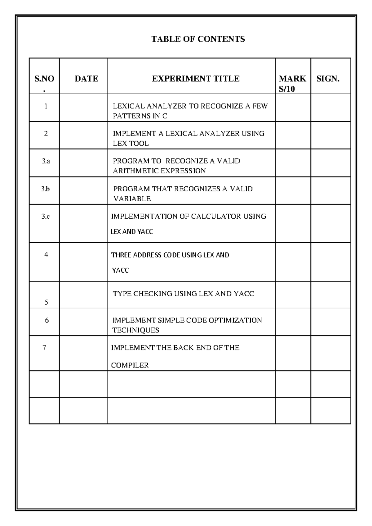 Lab manual - TABLE OF CONTENTS S . DATE EXPERIMENT TITLE MARK S/ SIGN ...