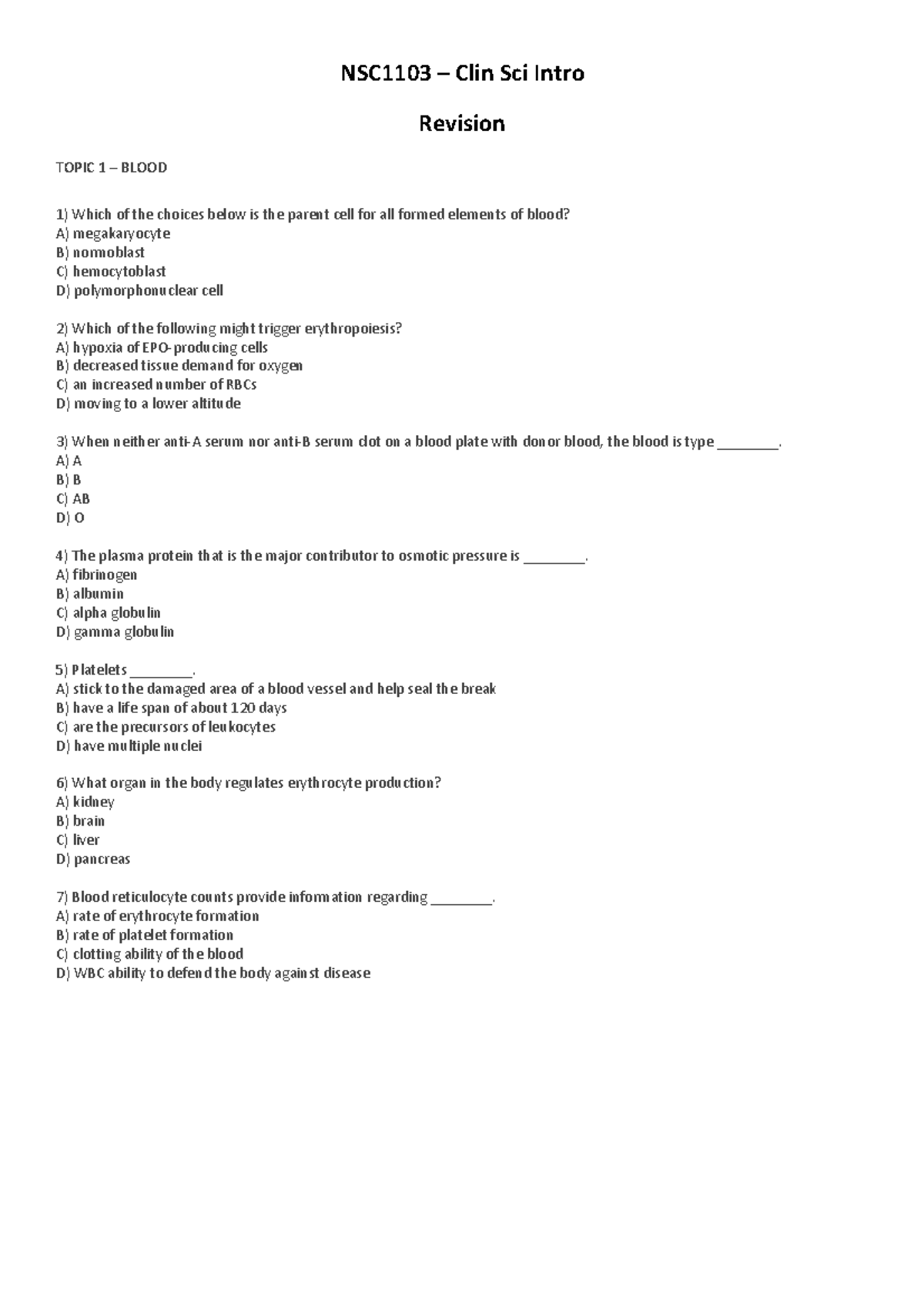 NCS1103 exam prep quiz Clinical Sciences Introduction