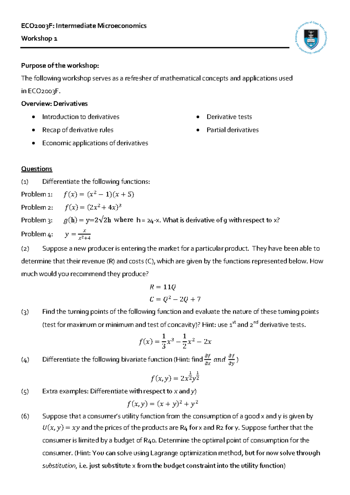 Workshop 1 Diffexample Questions 2024 - ECO2003F: Intermediate ...