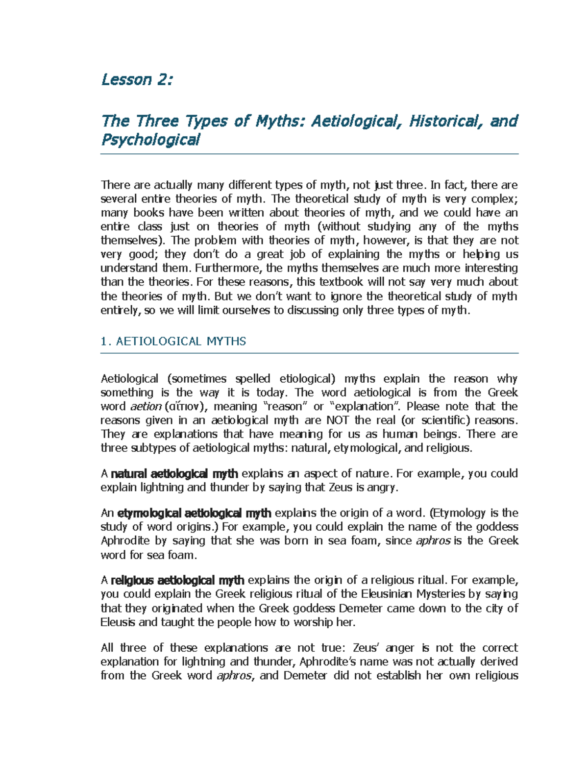 Lesson2 Mythology Studies Lesson 2 The Three Types of Myths