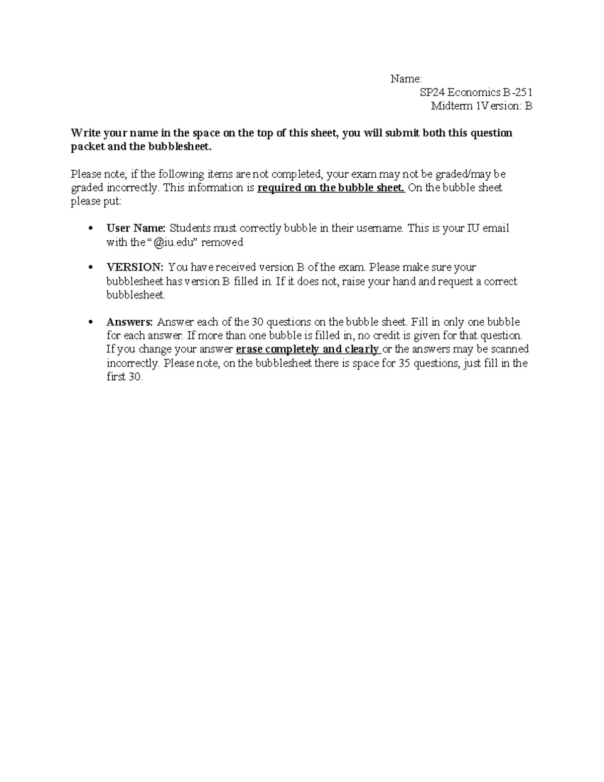 SP24 M1 VB - Name: SP24 Economics B- Midterm 1Version: B Write Your ...