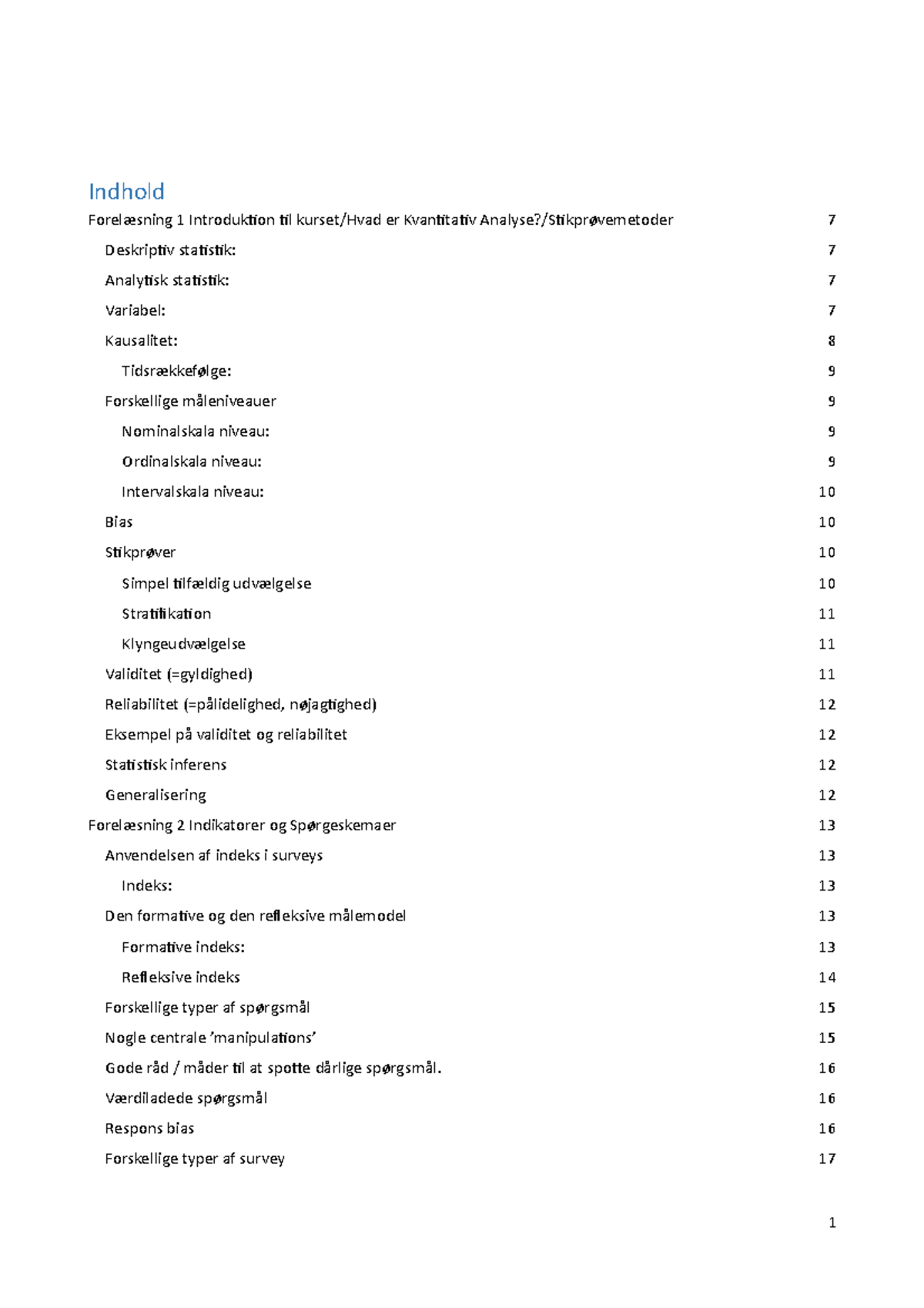 Kvantitativ Metode - Noter - Indhold Forelæsning 1 Introduktion Til ...