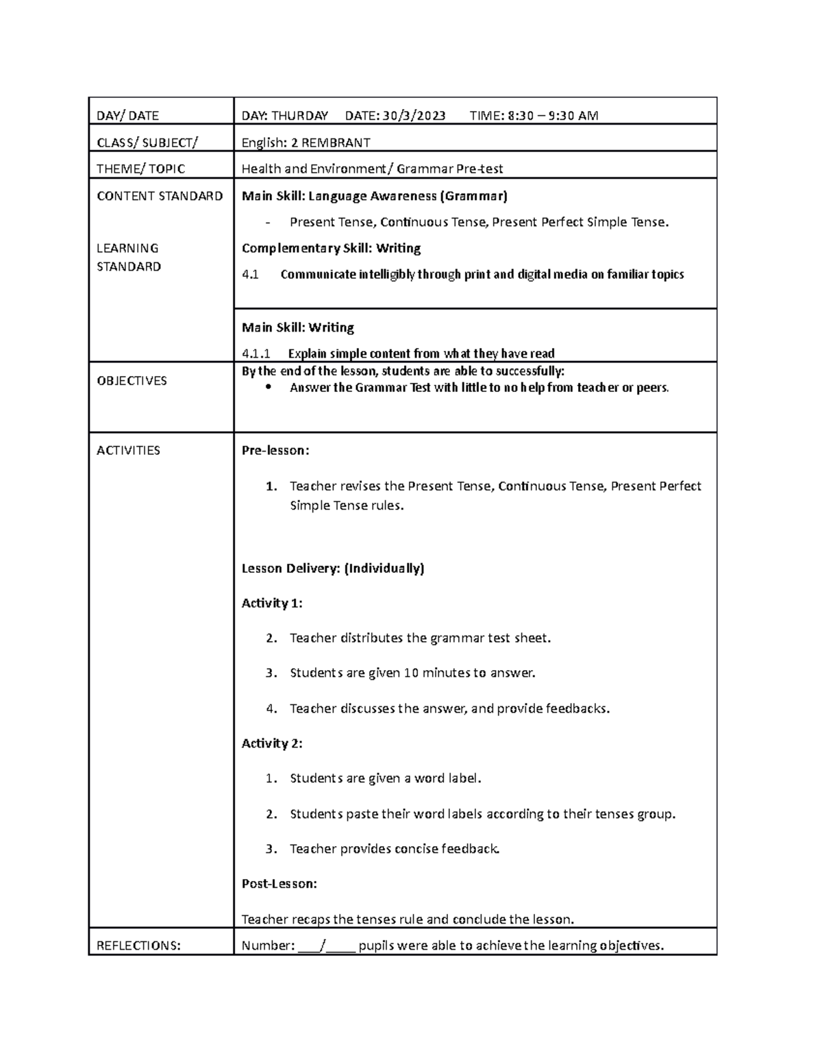 Lesson Plan Form 2-Recycle - DAY/ DATE DAY: THURDAY DATE: 30/3/2023 ...