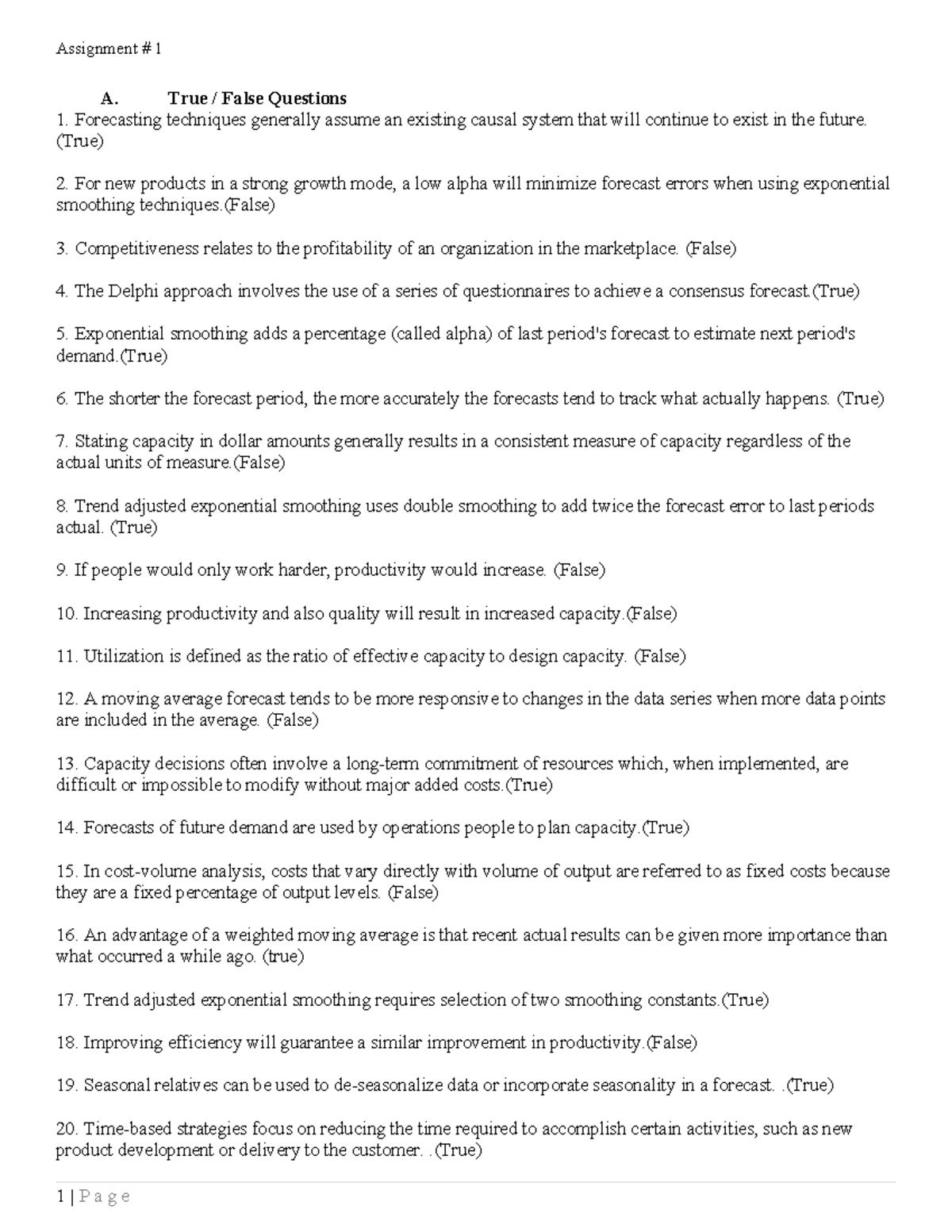 Assignment solution - dqwdwd - A. True / False Questions Forecasting ...