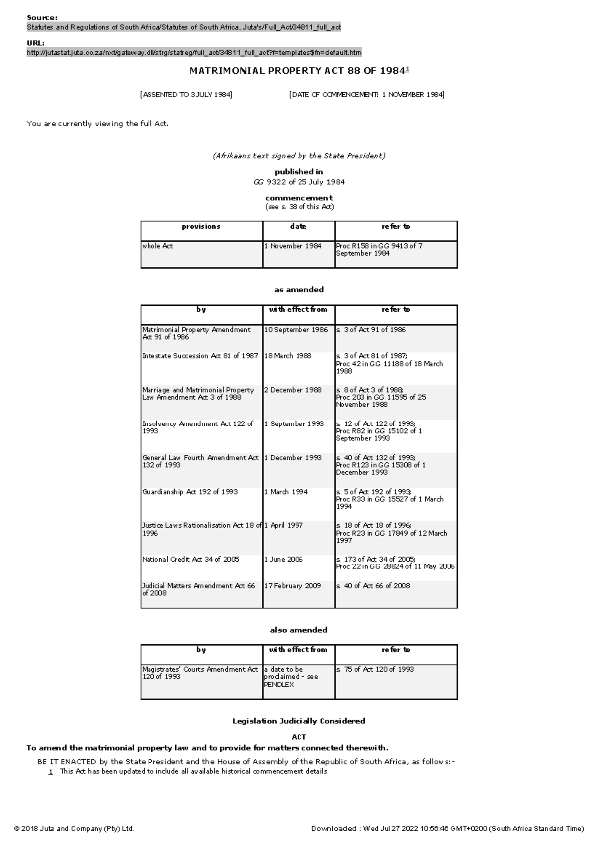 Matrimonial Property ACT 88 OF 1984 Studocu