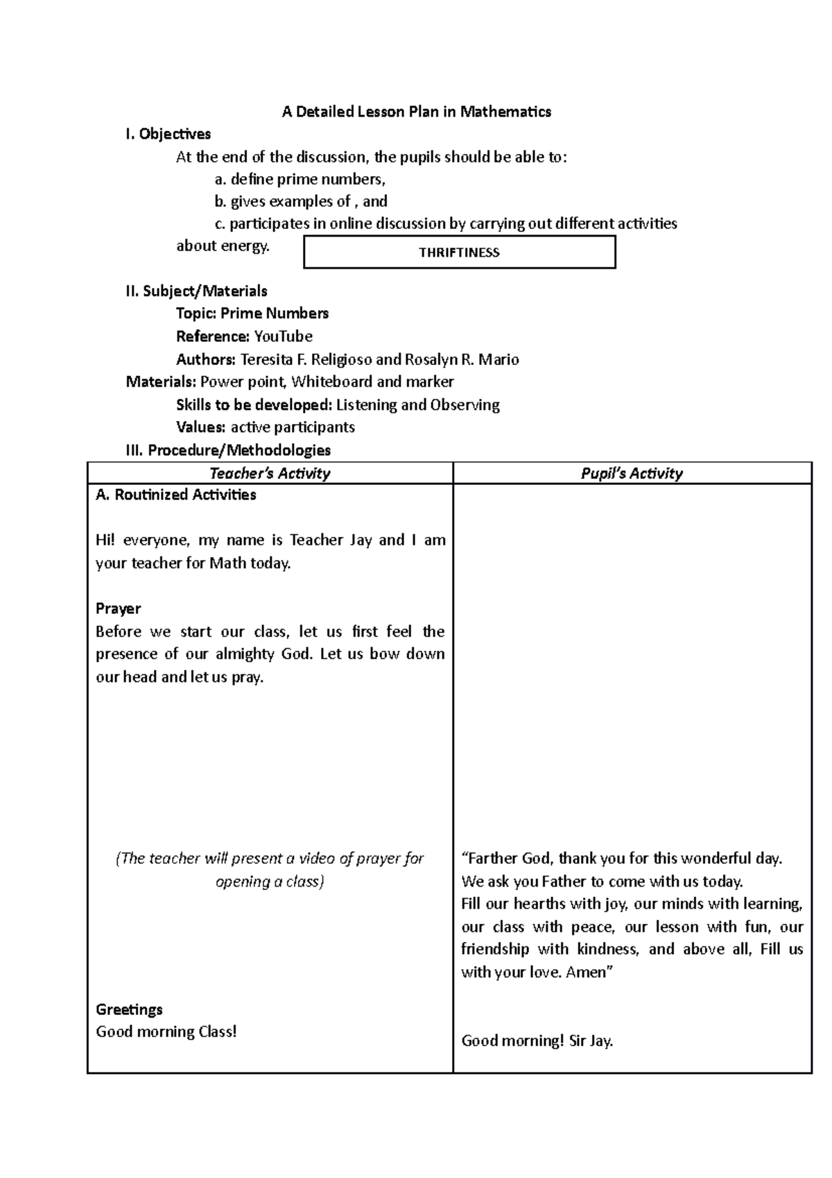 Prime number LP - Personal LP - A Detailed Lesson Plan in Mathematics I ...