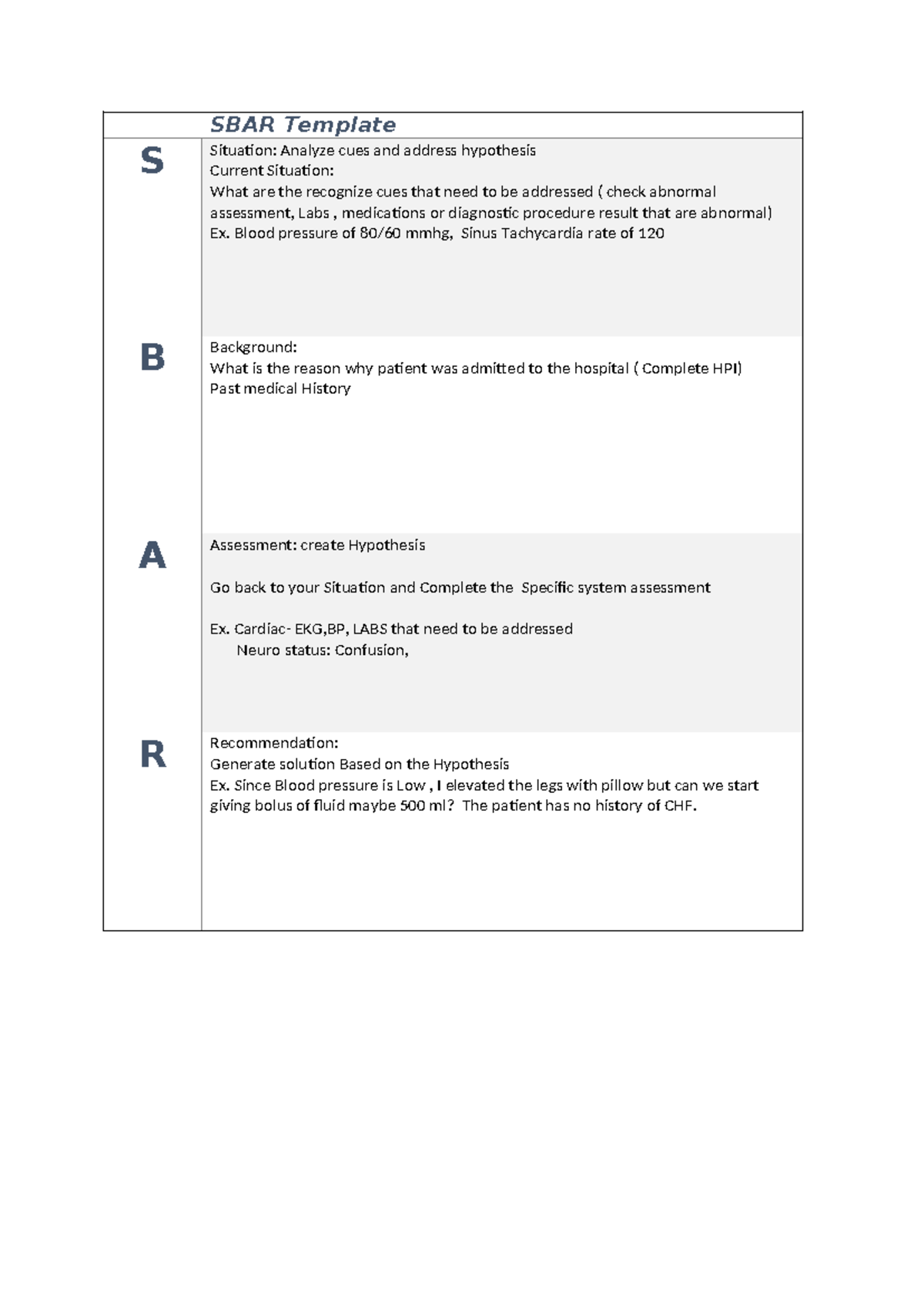 Utrgv SBAR template - nedvionferf - SBAR Template S Situation: Analyze ...