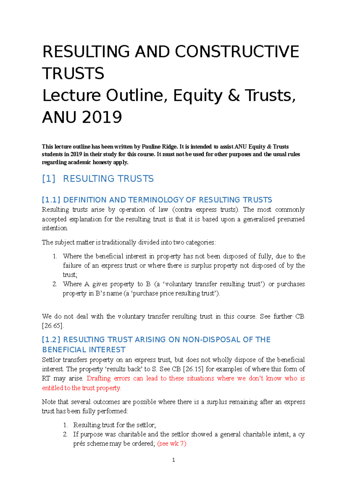 Resulting And Constructive Trust Notes - RESULTING AND CONSTRUCTIVE ...