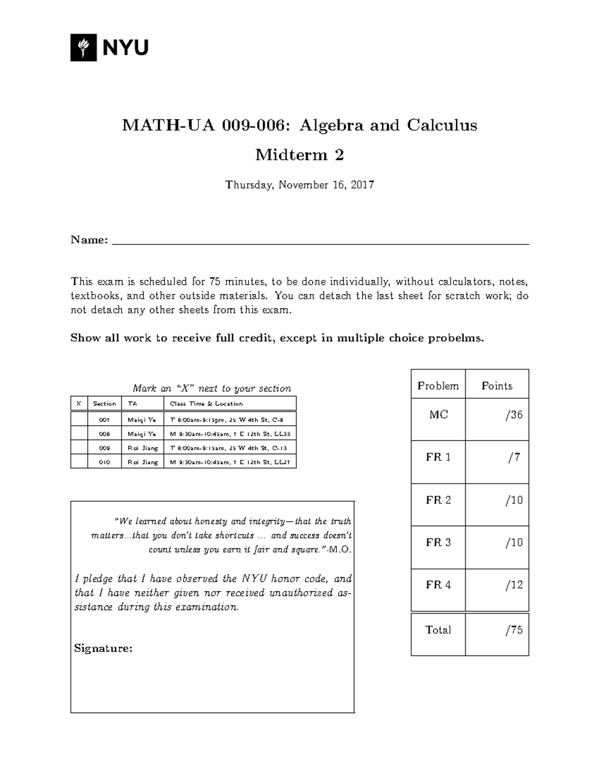 AC Midterm 2 2017 Fall - MATH-UA 009-006: Algebra and Calculus Midterm ...