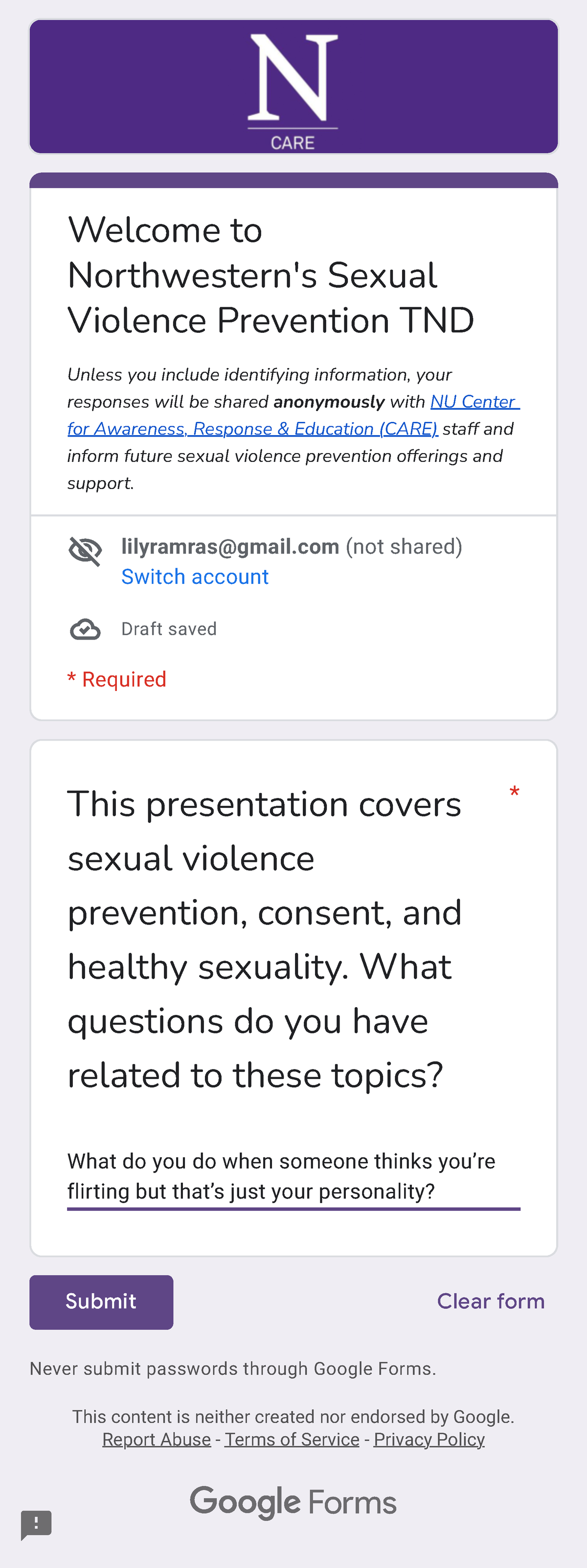 Welcome to Northwestern's Sexual Violence Prevention TND - Never submit ...
