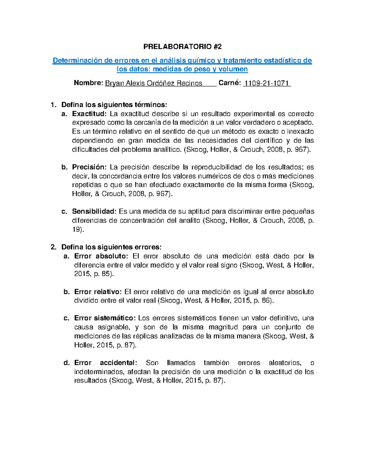 Prelaboratorio 2 Determinación de errores en el análisis químico copia PRELABORATORIO Prelaboratorio 2 Determinación de errores en el análisis químico copia PRELABORATORIO