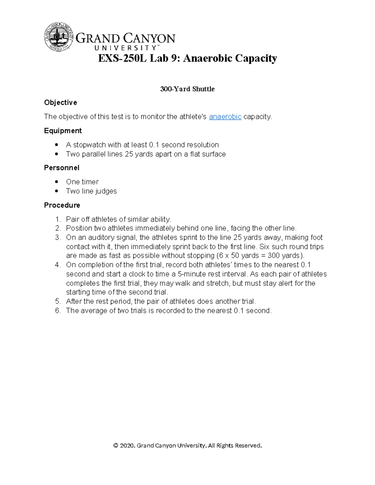 EXS 250L-RS-Lab9-Anaerobic Capacity - EXS-250L Lab 9: Anaerobic ...
