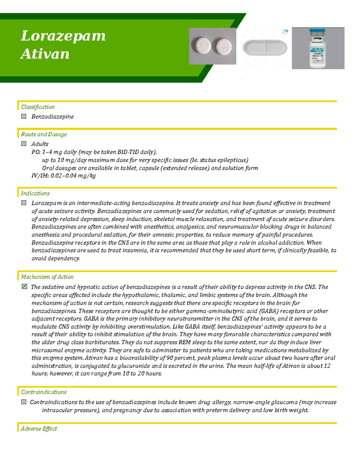 Lorazepam (Ativan) study Lorazepam Ativan Classification ☒ Benzodiazepine Route and Dosage