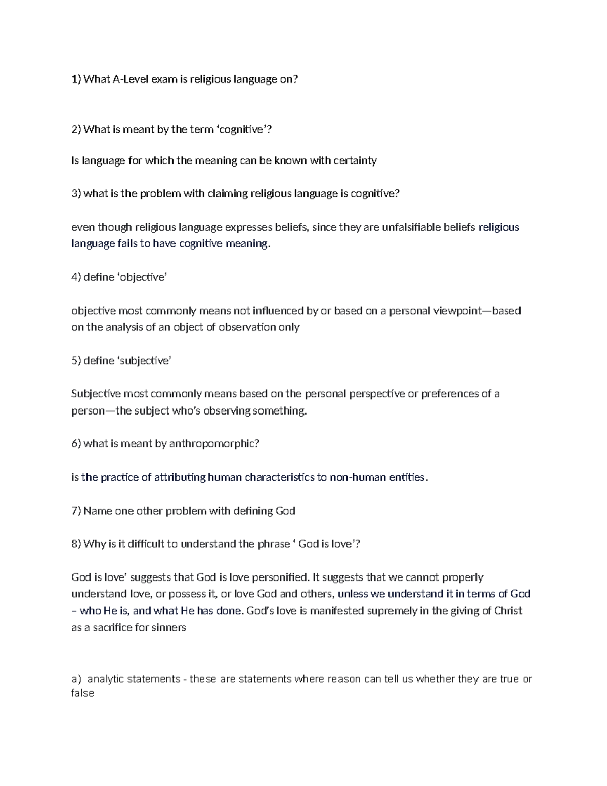 Q and A - Cognitive - 1) What A-Level exam is religious language on? 2 ...