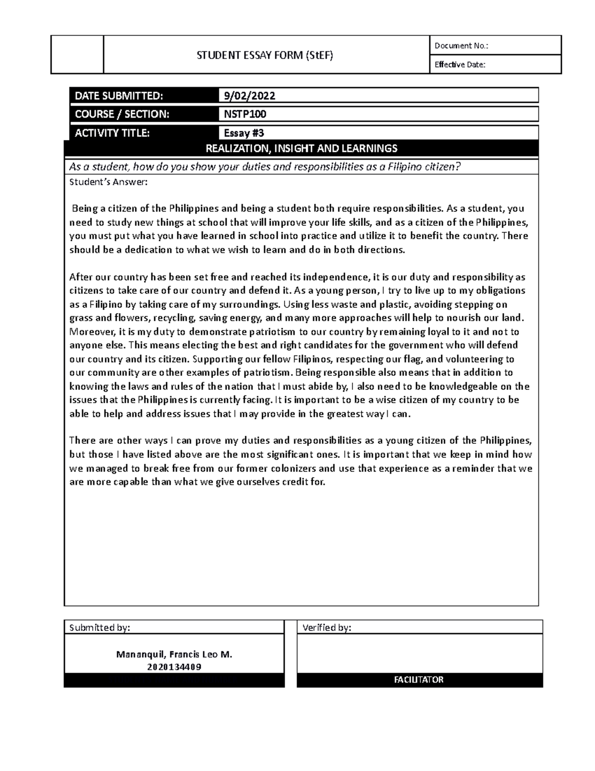 Form - NSTP1 00 Essay #3 - FOR NSTP PURPOSES. - STUDENT ESSAY FORM ...
