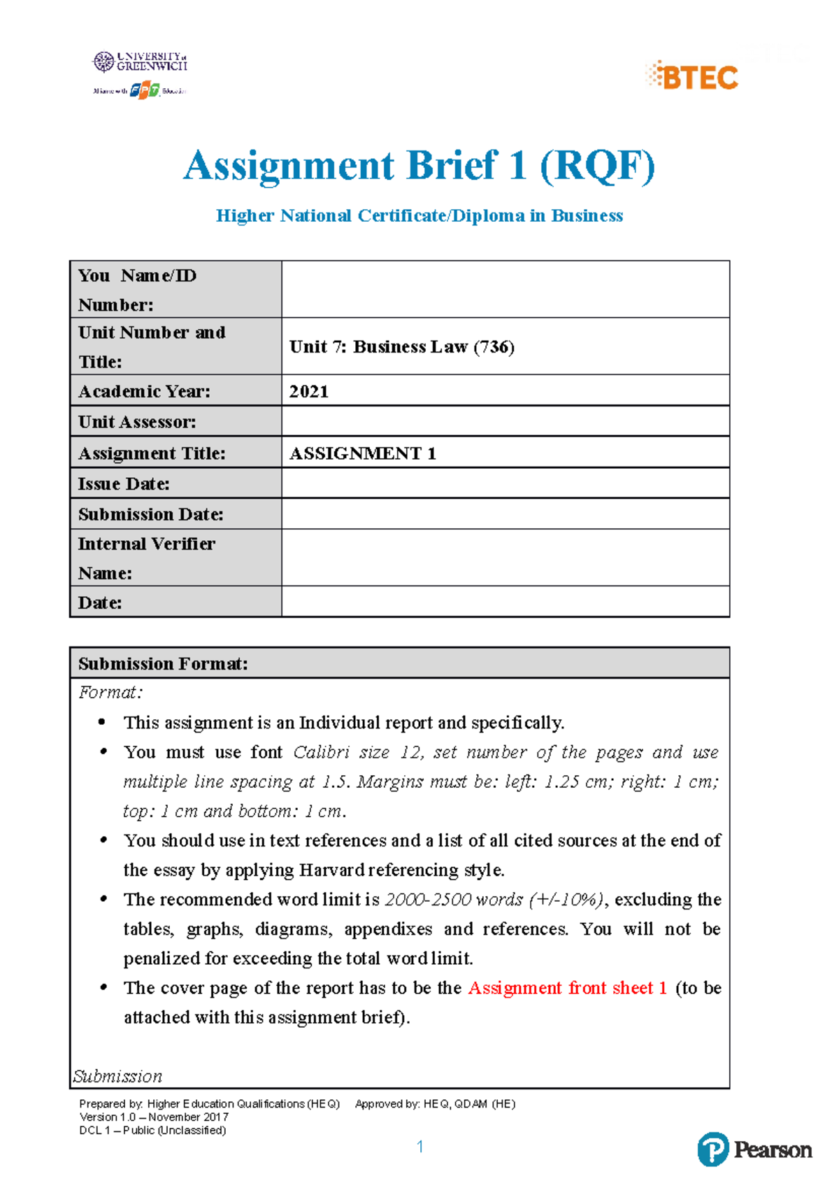 1-736- Brief-Assignment 1 Law for Business - Assignment Brief 1 (RQF ...