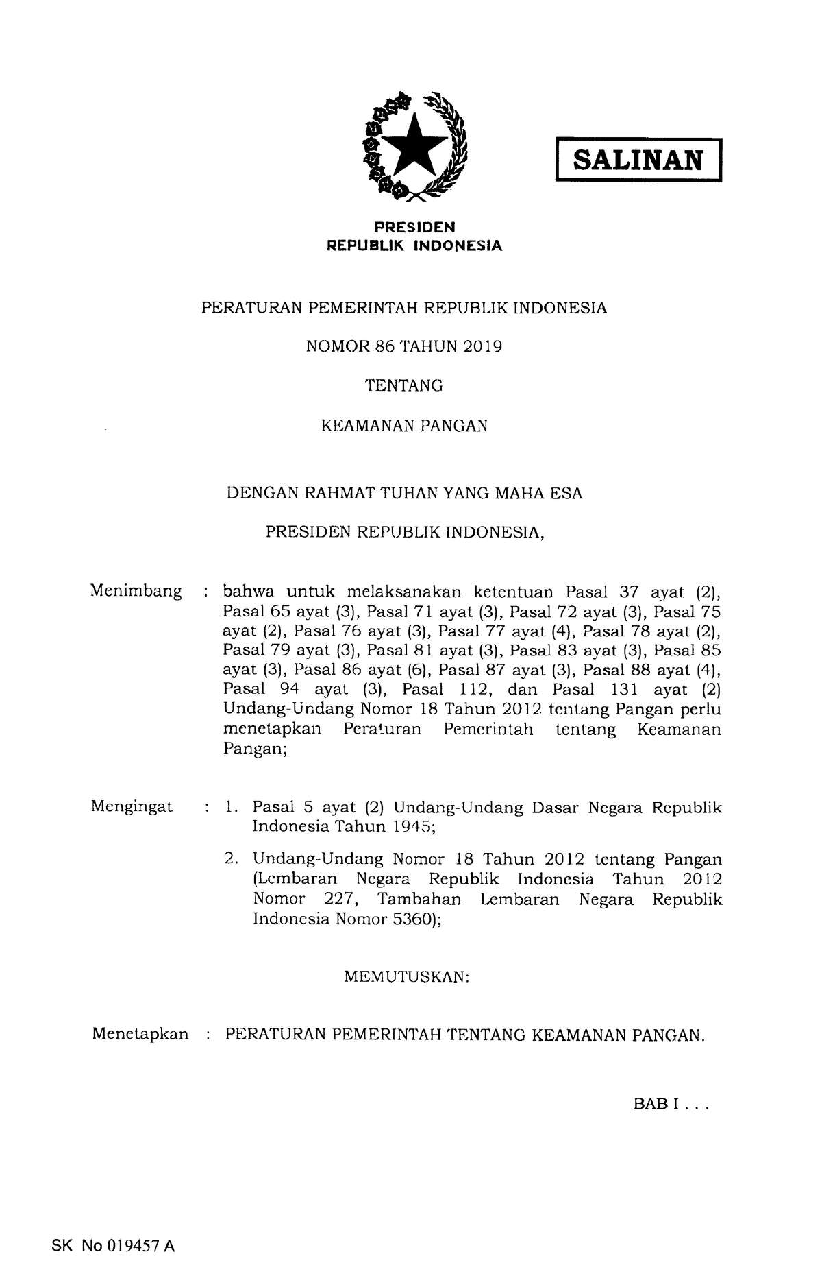 2. PP Nomor 86 Tahun 2019 - Keamanan Pangan - SALINAN FRESIDEN REPUBLIK ...