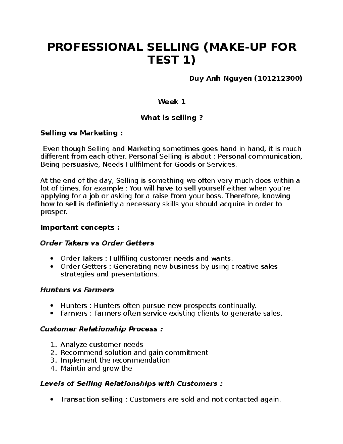 MAKE UP FOR TEST 1 - Professional Selling - PROFESSIONAL SELLING (MAKE-UP FOR TEST 1) Duy Anh ...