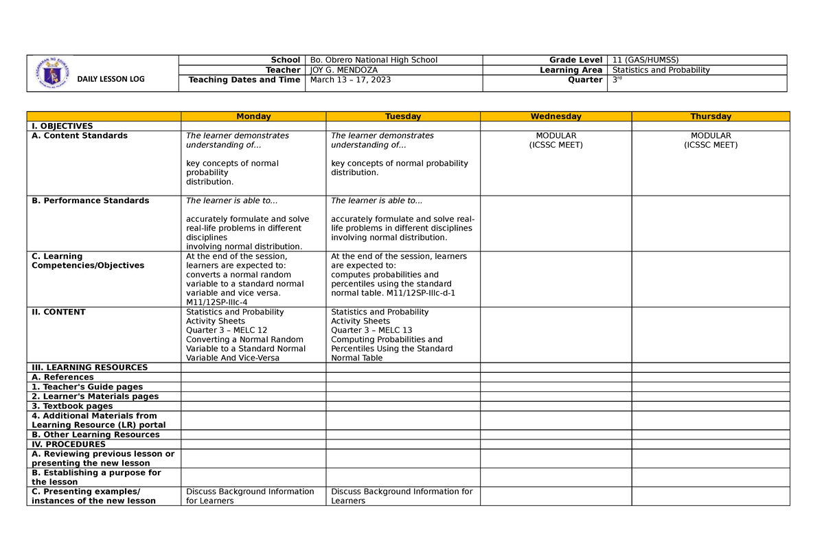 Daily Lesson Log Sp(mar13-mar17) - School Bo. Obrero National High 