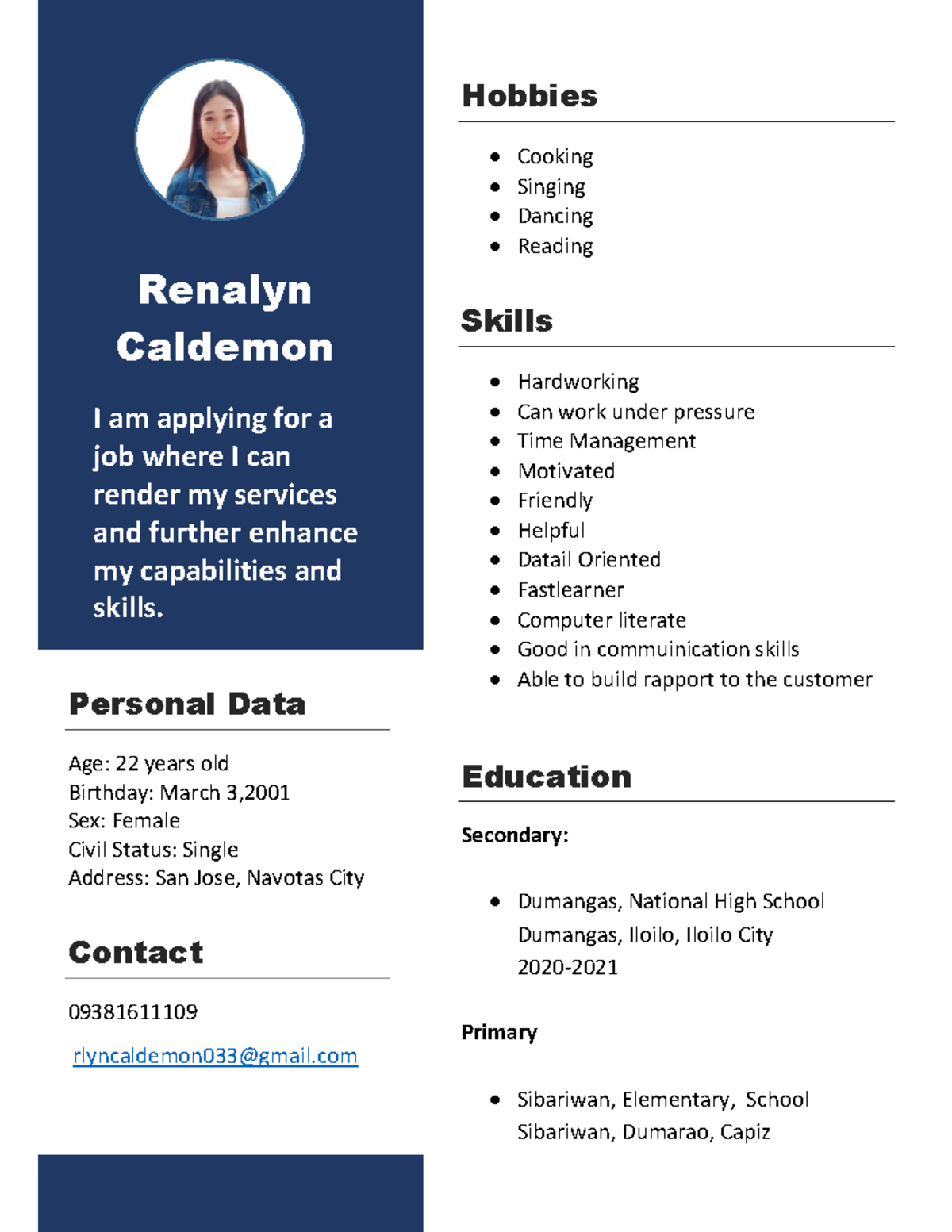 Renalyn Caldemon Resume - Renalyn Caldemon I Am Applying For A Job 