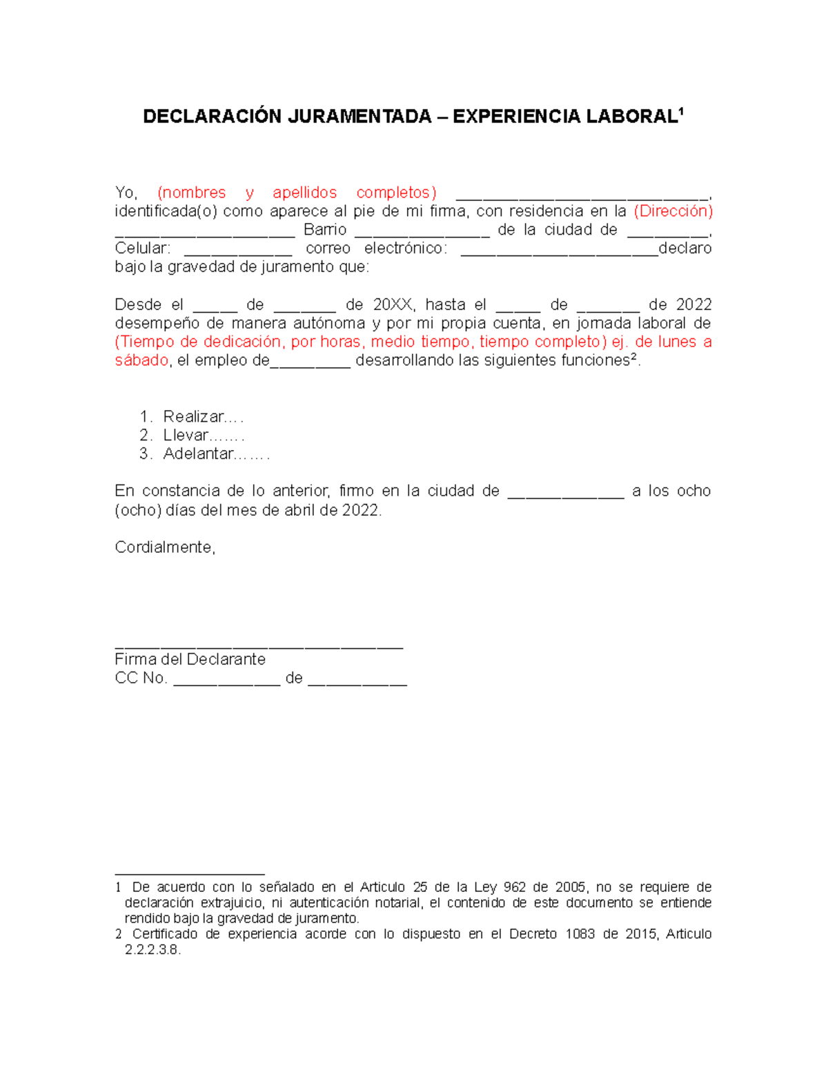 Modelo De Autodeclaración Juramentada Experiencia Laboral DeclaraciÓn Juramentada