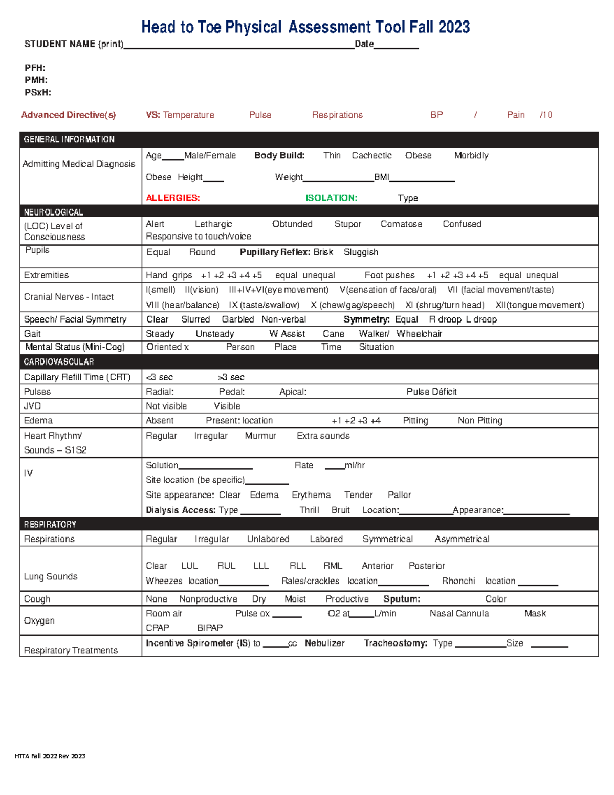 Head to Toe Patient Assessment FA23 - HTTA Fall 2022 Rev 2023 Head to ...