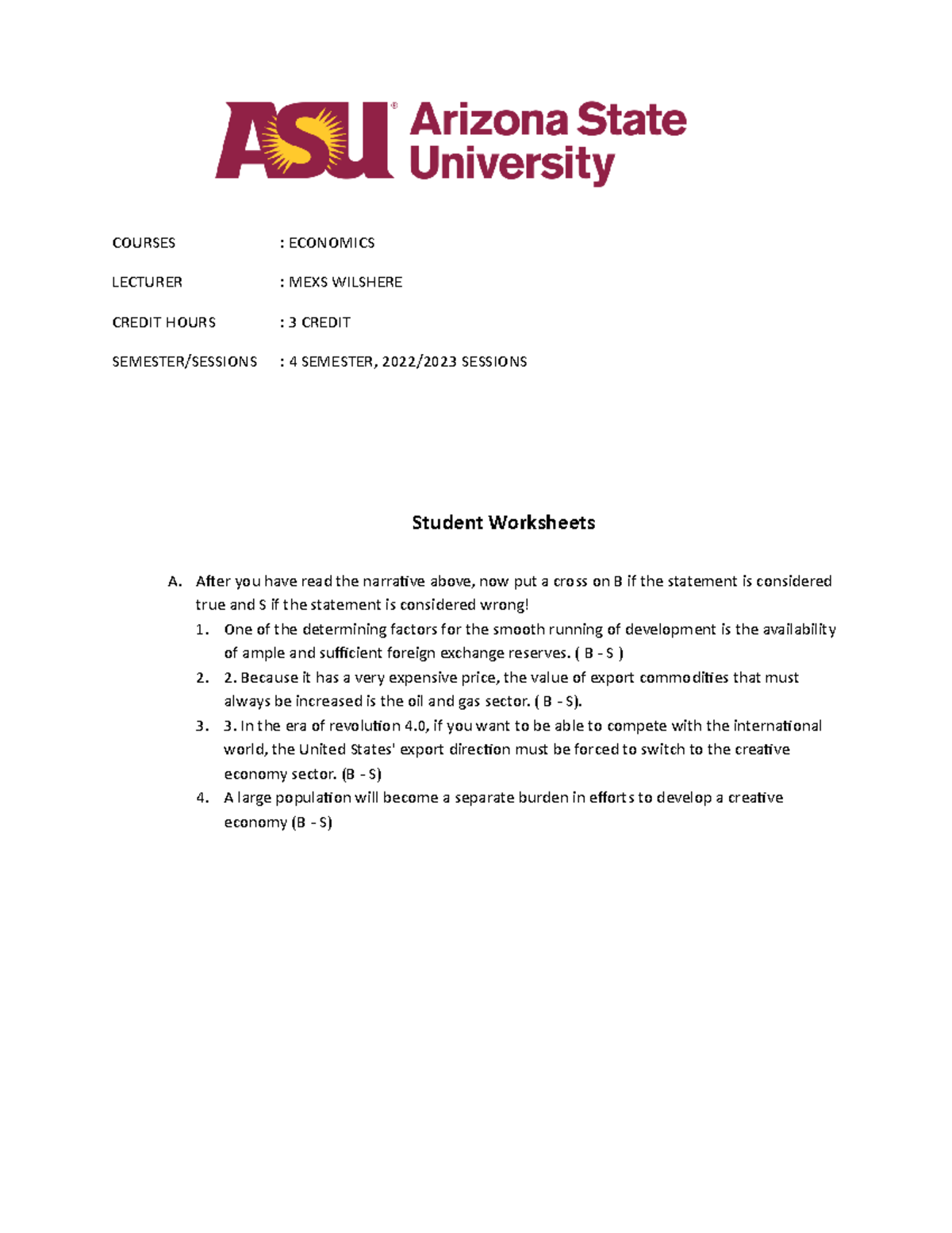 Student Worksheets Economics - COURSES : ECONOMICS LECTURER : MEXS ...