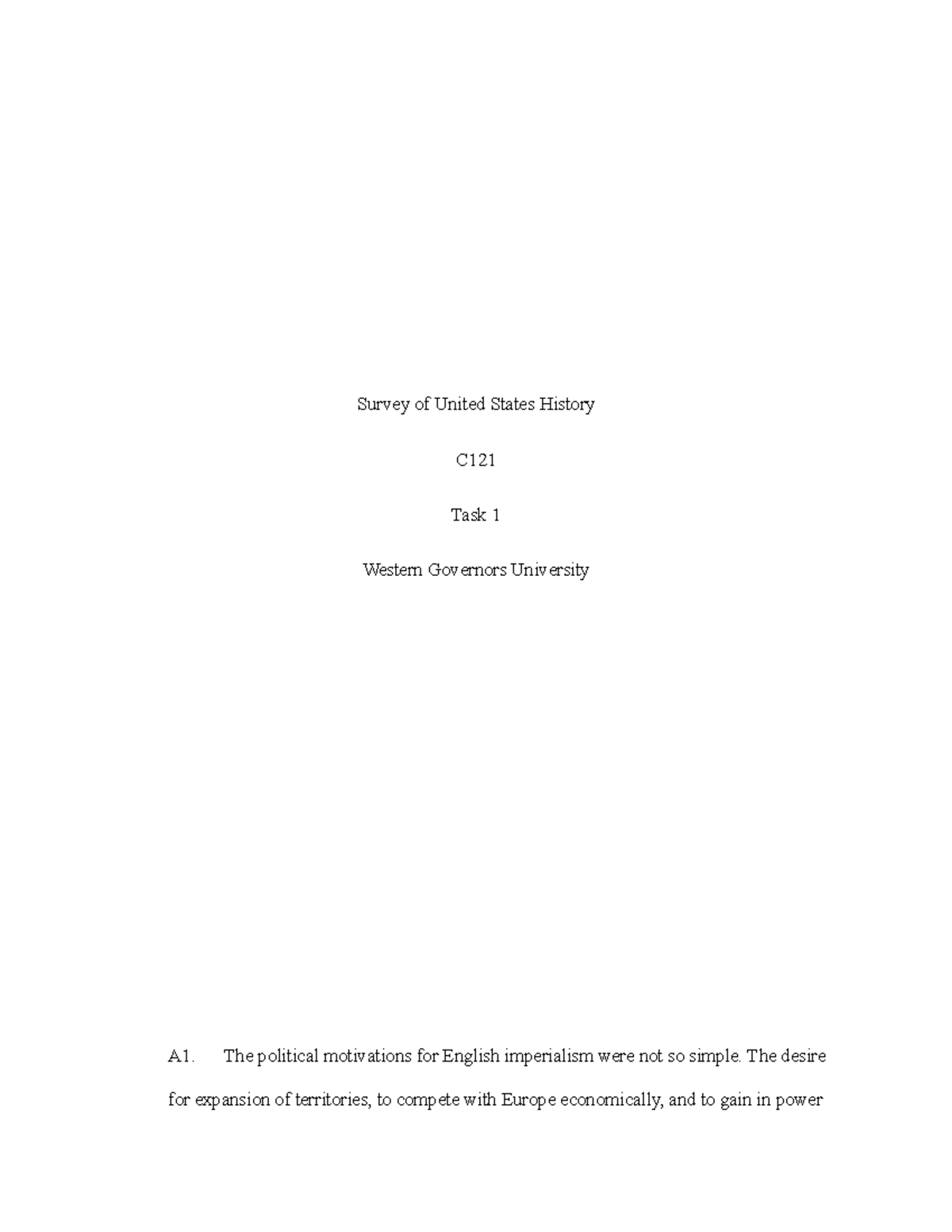 C121task1 - C121 Task 1 Essay Pass - Survey of United States History C ...