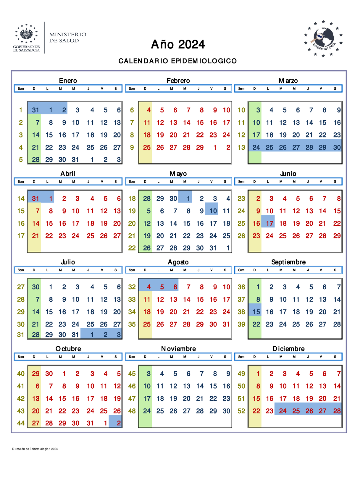 Calendario Epidemiologico 2024 - Sem D L M M J V S Sem D L M M J V S ...