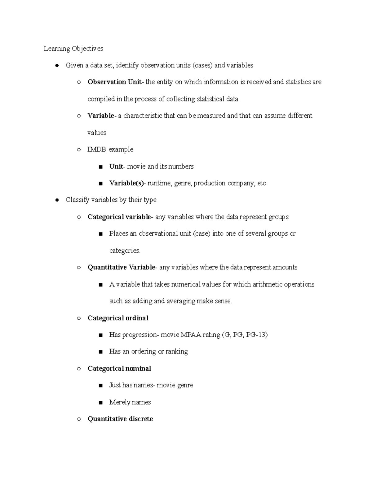 STATS 250 Intro Learning Objectives Given a data set, identify