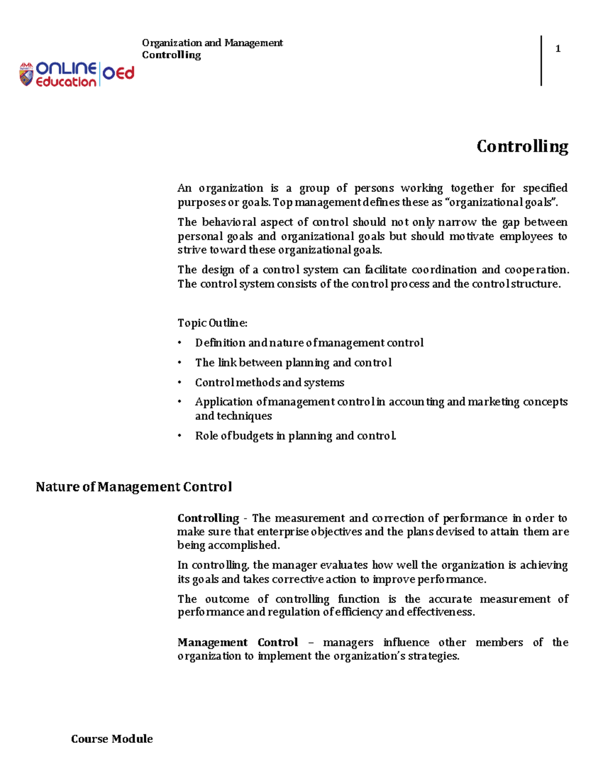Week016 Controlling - lecture - Organization and Management Controlling ...