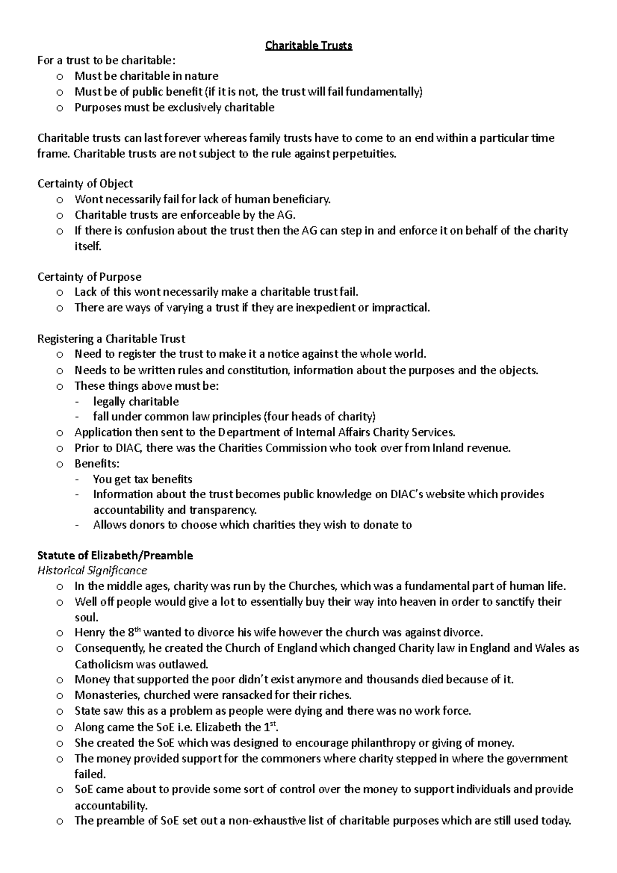 Equity Exam Notes - Charitable Trusts For a trust to be charitable: o ...