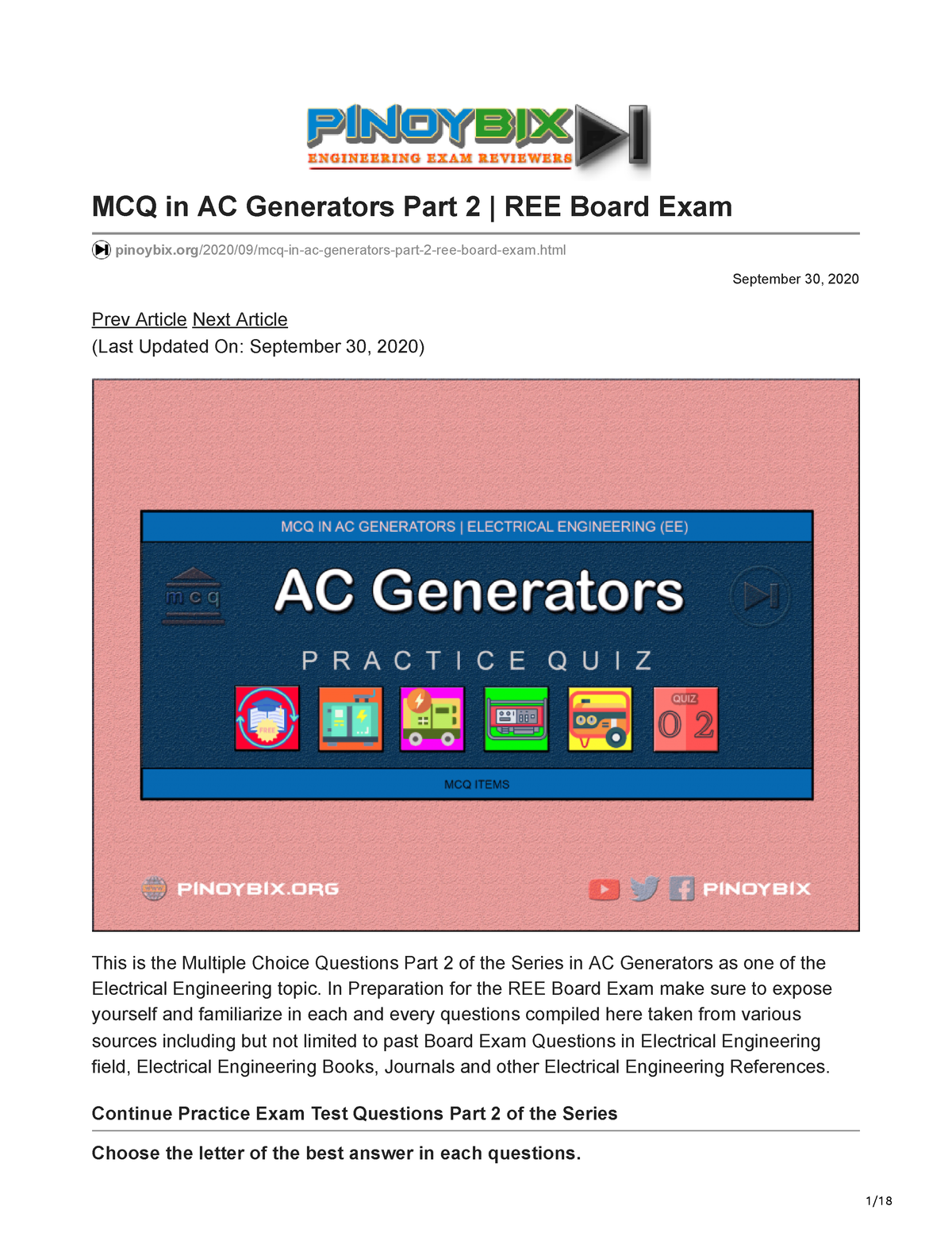 Pinoybix.org-MCQ In AC Generators Part 2 REE Board Exam - September 30 ...