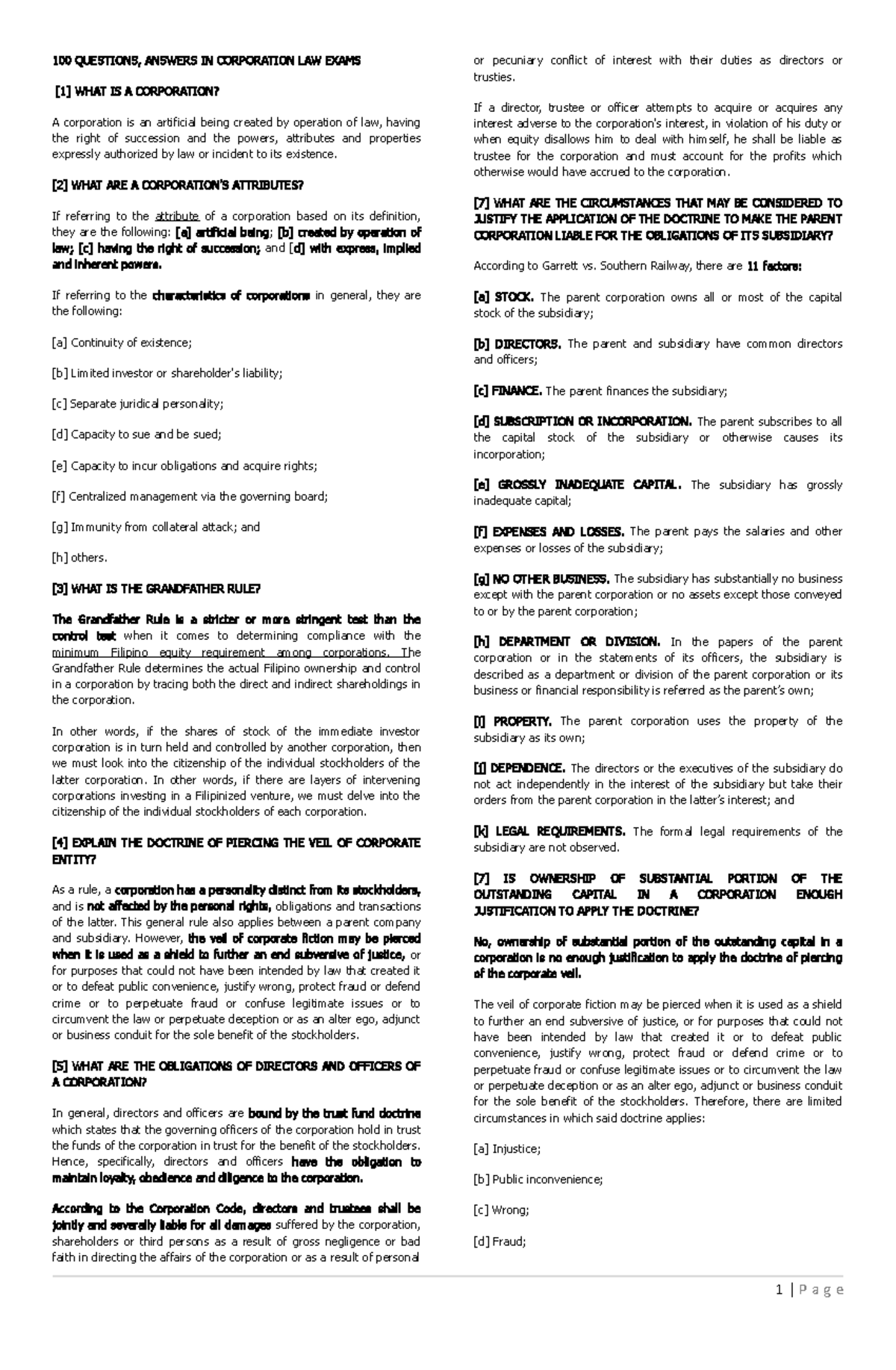 100 Questions LAW EXAM (PAR CORP) 100 QUESTIONS, ANSWERS IN