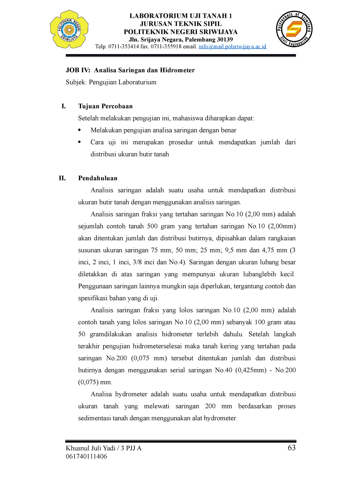 Job 4 Analisa Saringan Agregat Halus Jurusan Teknik Sipil Politeknik