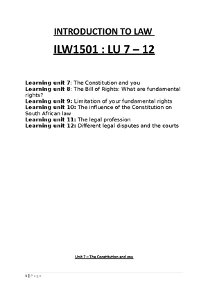 ILW1501 Summary - UNIT 1 What is Law UNIT 2 Law and Rights UNIT 3 The ...