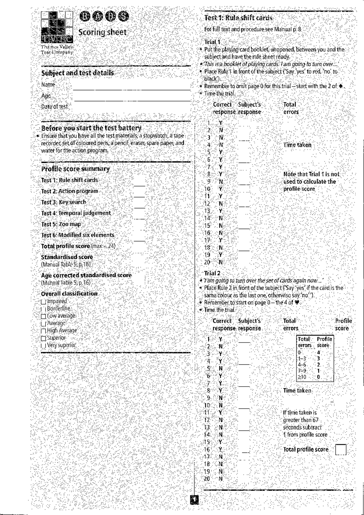 268956781 BADS Quadern B A D S Test 1 Rule Shift Cards Scoring Sheet 