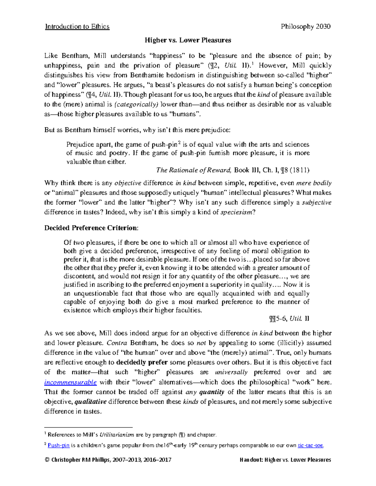 Handout Higher vs Lower Pleasures Introduction to Ethics Philosophy