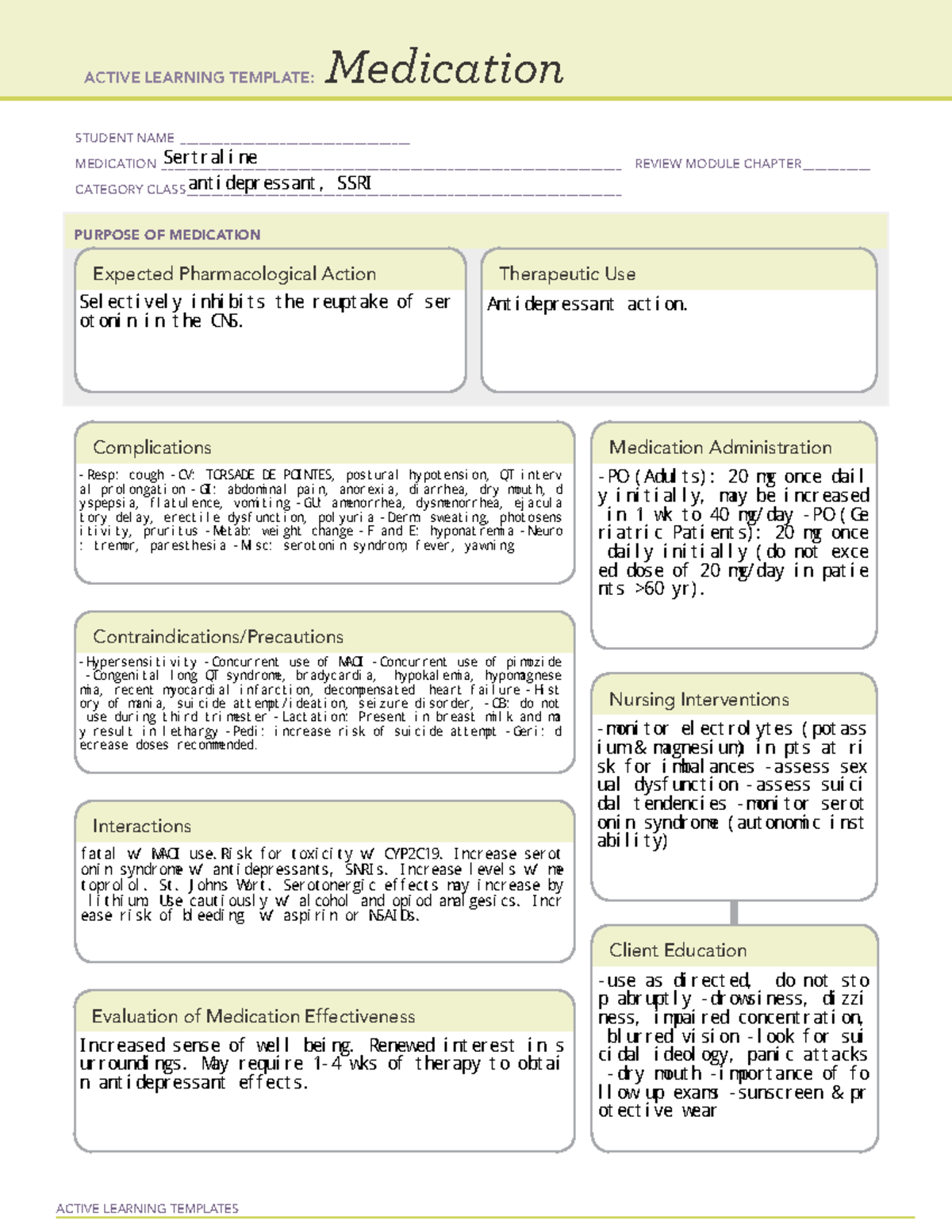 Sertraline Med Card Template - ACTIVE LEARNING TEMPLATES Medication ...