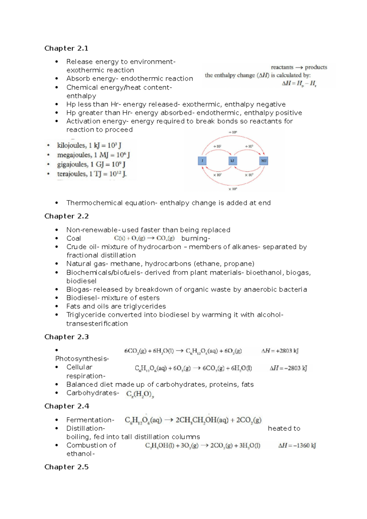 Summary - notes - Chapter 2. Release energy to environment- exothermic ...