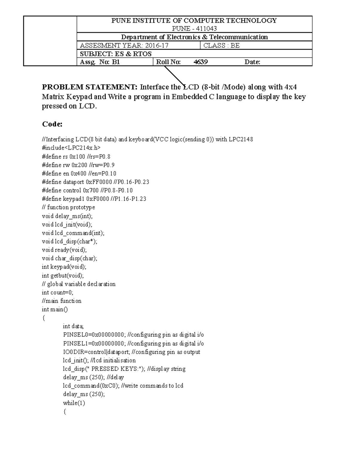 Keypad - code - PUNE INSTITUTE OF COMPUTER TECHNOLOGY PUNE 411043 ...
