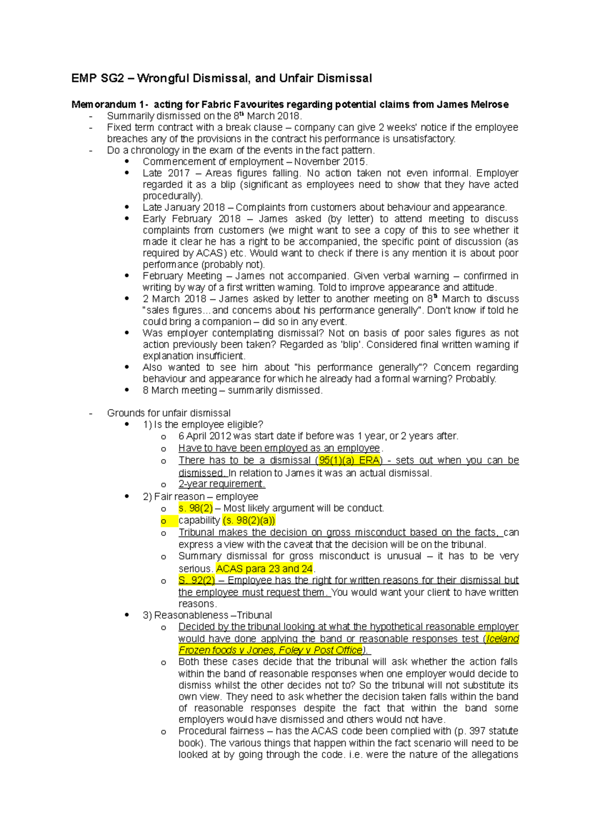EMP SG2 – Wrongful Dismissal and unfair dismissal - EMP SG2 – Wrongful ...